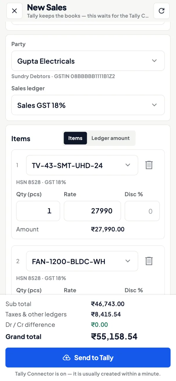 A new sales voucher: party with GSTIN, items with HSN and GST, taxes, grand total and Send to Tally