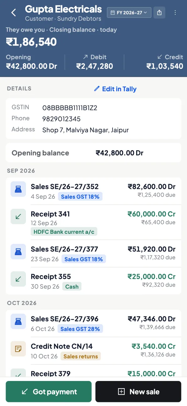 A party ledger: closing balance, GSTIN, phone, and each sale and receipt with the balance due