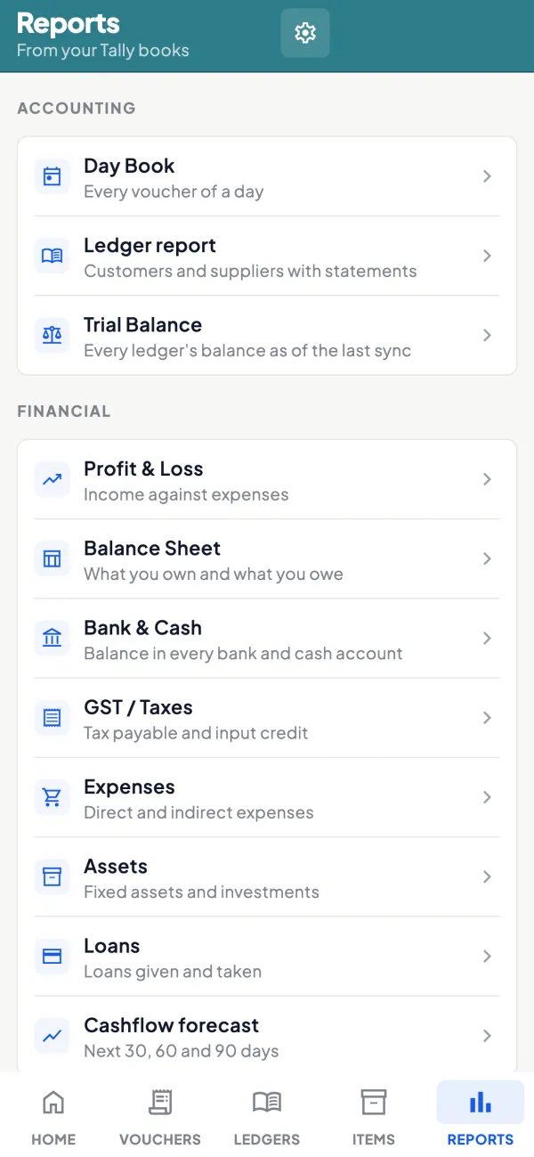 Reports: Day Book, Ledger report, Trial Balance, Profit and Loss, Balance Sheet, Bank and Cash, GST, Expenses