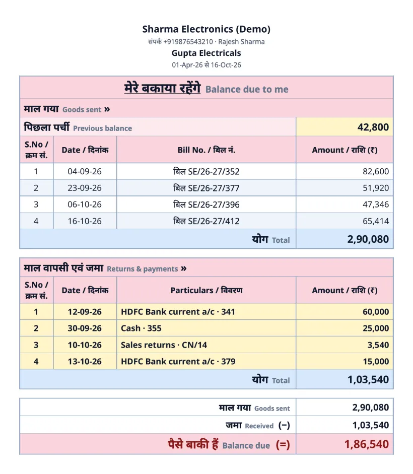 The हिसाब statement: previous balance, numbered bills, receipts and the balance due