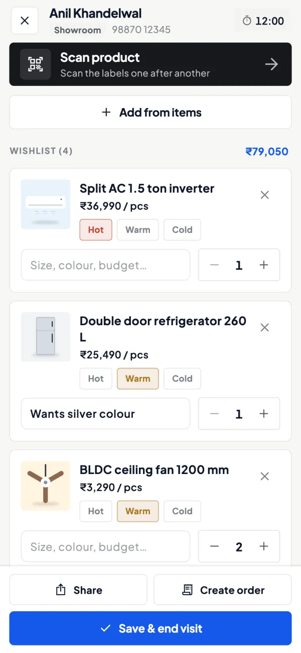 A showroom visit: scan a product, and a wishlist marked hot or warm